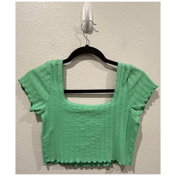 OFFLINE Green Striped Square Neck Short Sleeve Crop Top - Picture 4 of 4